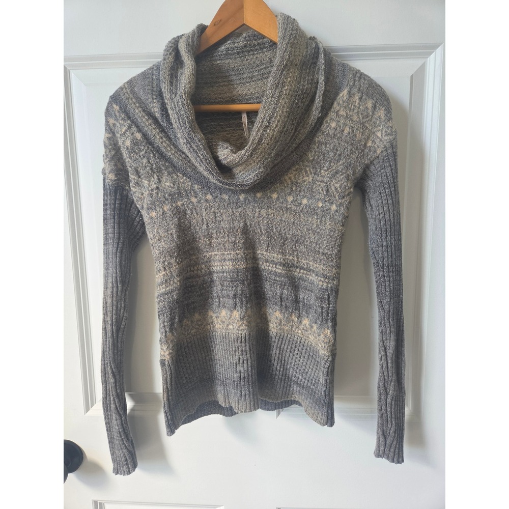 Free People Sweater XS Gray Fair Isle Wool Blend Cowl Neck Nordic Pullover